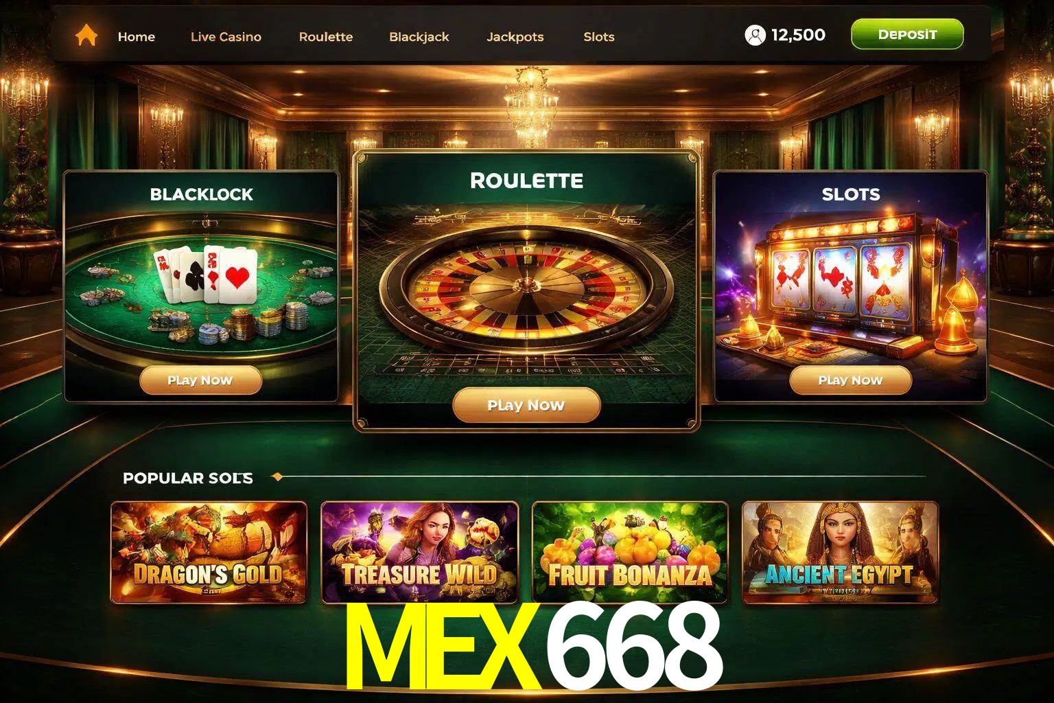 Vista de la plataforma MEX668 Casino mostrando categorías organizadas de juegos en línea